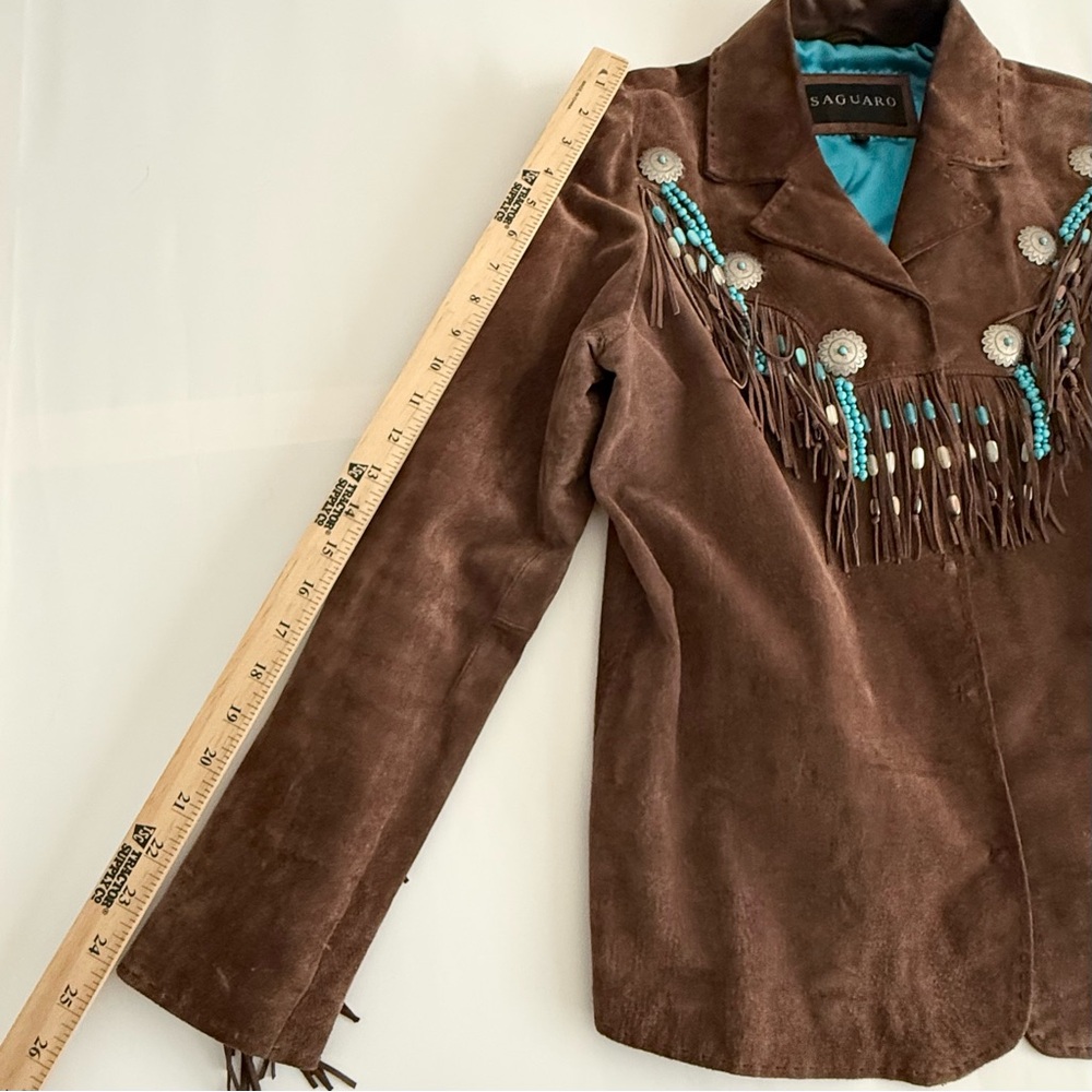Vintage SAGUARO Brown Suede Leather Beaded Fringe Cowboy Western Jacket Size L - Picture 6 of 16